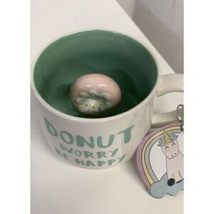 Whimsical Cupboard Donut Worry Be Happy Mug Coffee Cup Donut Inside White Seafoa